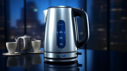 Silver Electric Kettle on Glass Table with Blue Light Reflection