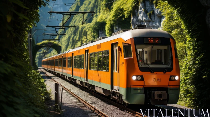 Speeding Orange Train in Lush Forest AI Image