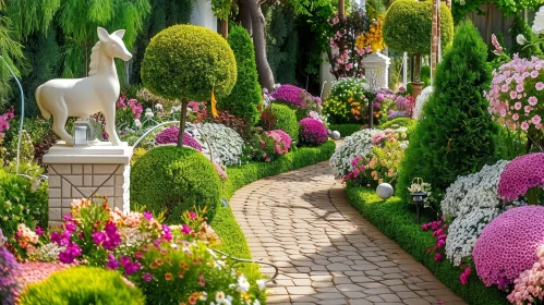Tranquil Garden Path with Flowers and Horse Statue
