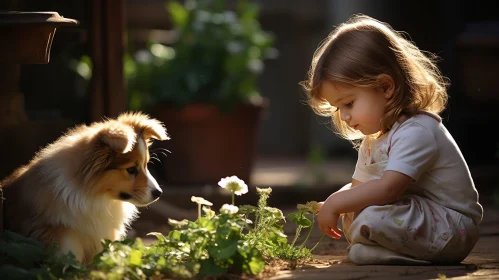 Young Girl and Fluffy Dog in Garden