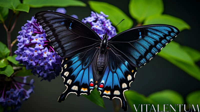 AI ART Black and Blue Butterfly on Purple Flower - Close-up Nature Image