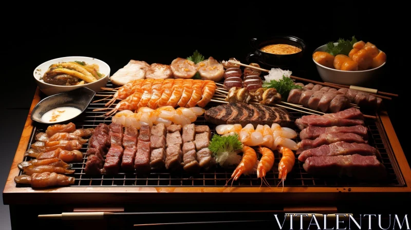 Exquisite Grilled Meats and Seafood on Wooden Grill AI Image