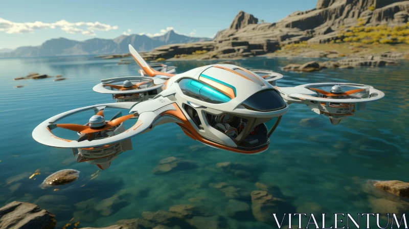 AI ART Futuristic Drone Flying Over Serene Lake