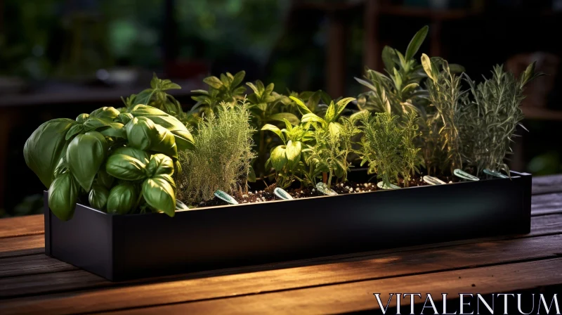 Green Herbs in Black Planter on Wooden Table AI Image