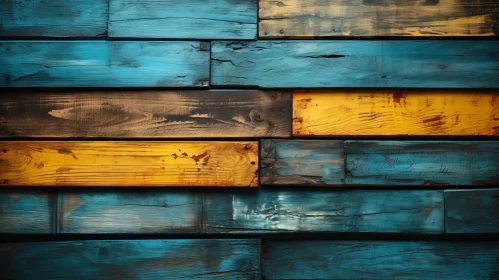 Rustic Wooden Wall with Blue and Yellow Paint Planks