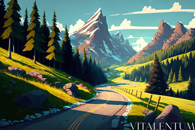 Scenic Road in Majestic Mountains: Playful Cartoon Illustrations AI Image