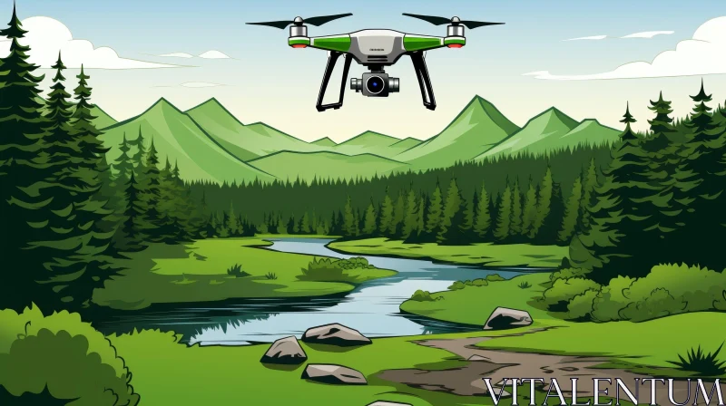 Tranquil River Landscape with Mountains and Drone AI Image
