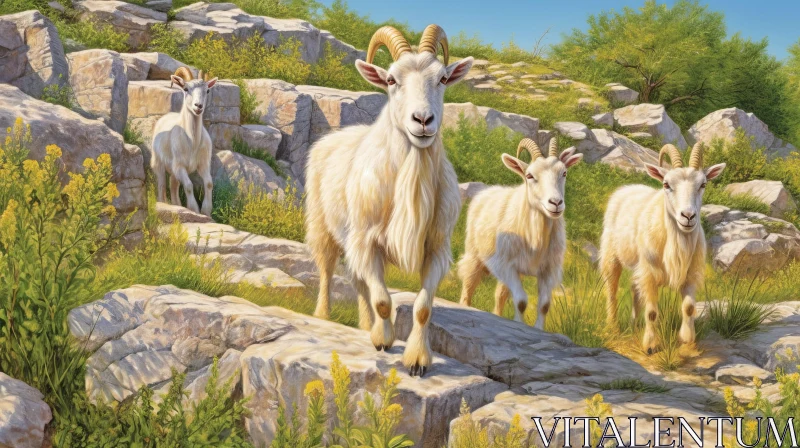 AI ART White Goats on Rocky Hill: Nature Scene