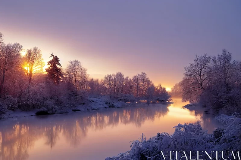 Winter Sunset: Serene River with Snow-Covered Trees AI Image