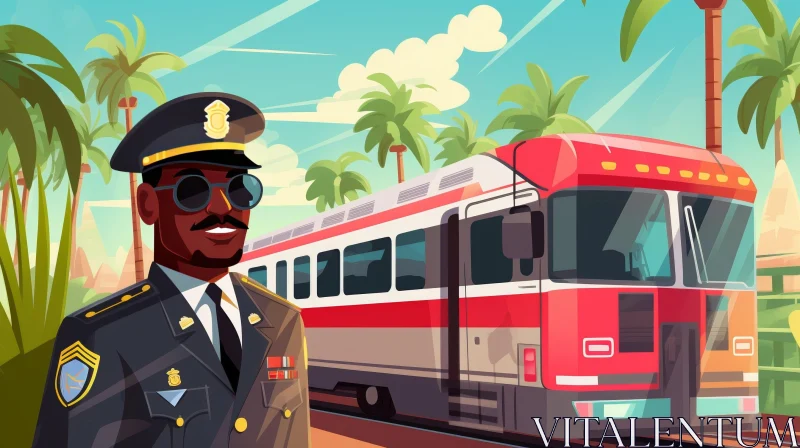 Cartoon Train Conductor with Palm Trees AI Image