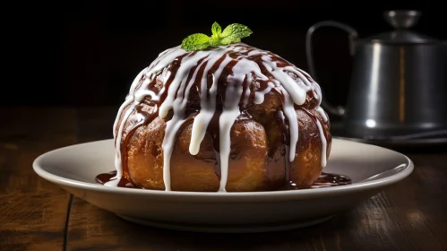 Delicious Cinnamon Roll with Chocolate and Mint Garnish