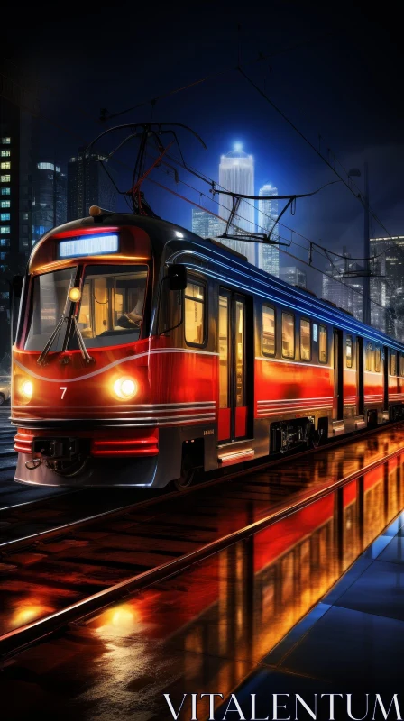 Night Cityscape: Modern Tram in Motion AI Image