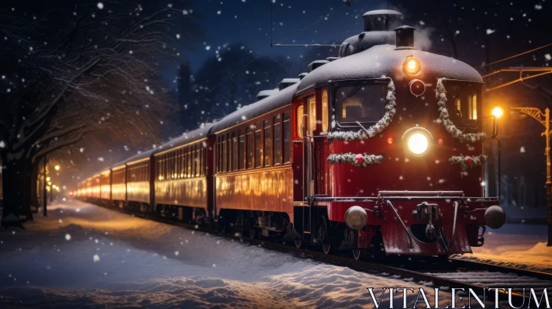 Passenger Train in Snowy Forest at Night AI Image