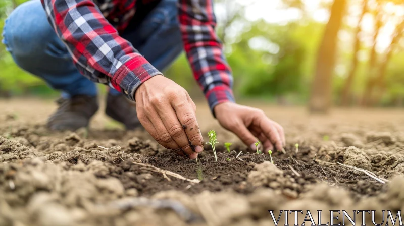 Rural Scene: Farmer Planting Seedlings in Field AI Image