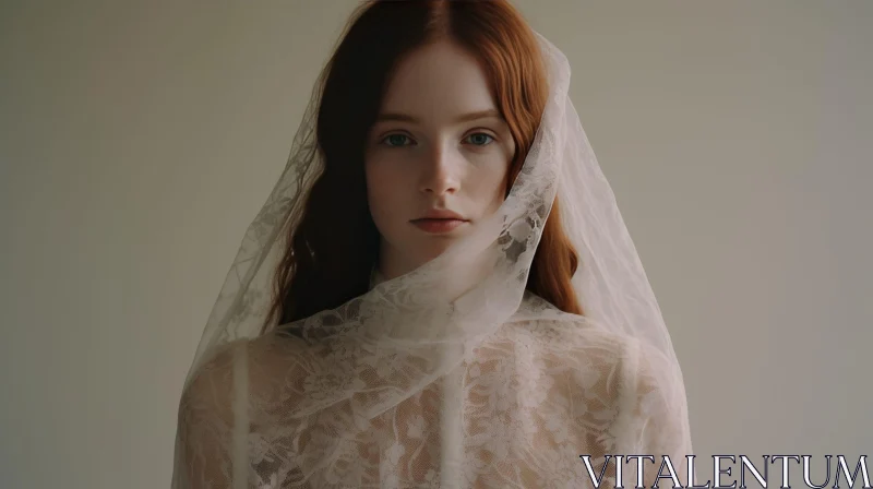 Serious Red-Haired Woman in Lace Veil Portrait AI Image