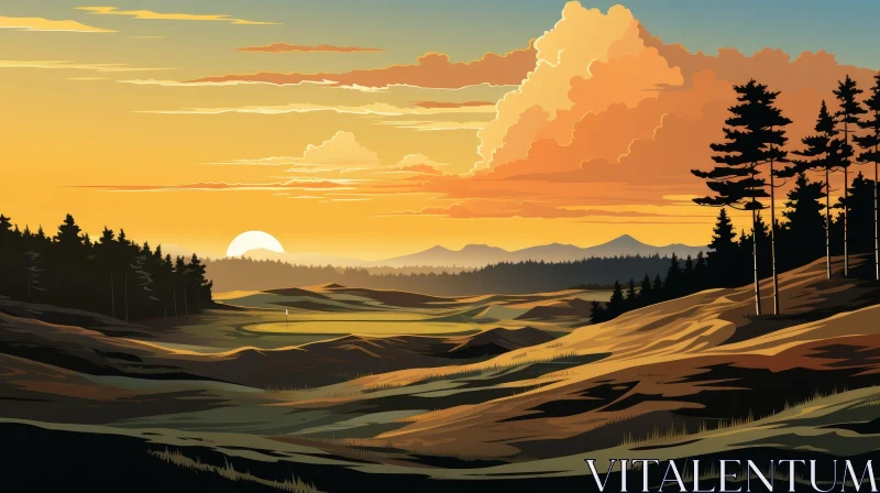 Tranquil Golf Course Sunset Landscape AI Image