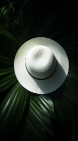 White Straw Hat on Palm Leaf - Natural Elegance