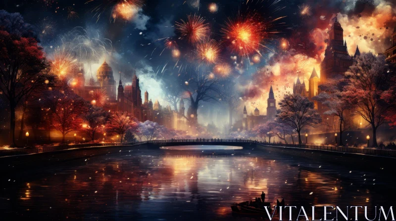 Winter Cityscape with Frozen River and Fireworks AI Image