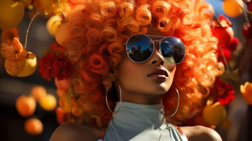 Young Woman with Orange Wig and Sunglasses among Flowers