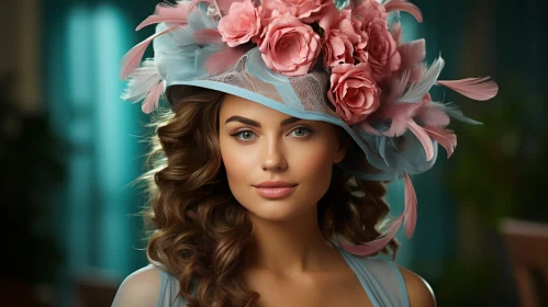 Elegant Woman in Blue Dress with Rose-Adorned Hat