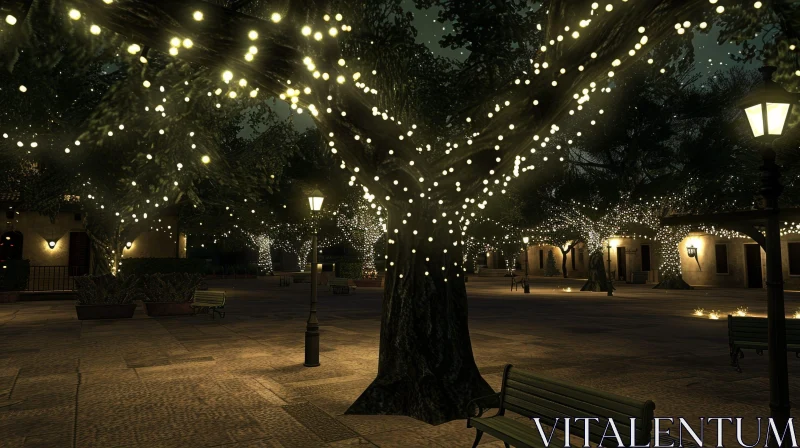 Enchanting Night Scene of a Town Square AI Image