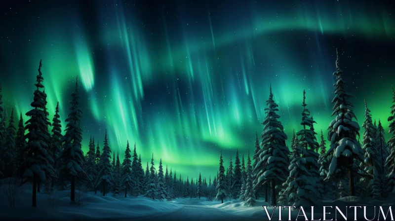 Enchanting Winter Night Sky with Aurora in Snowy Forest AI Image