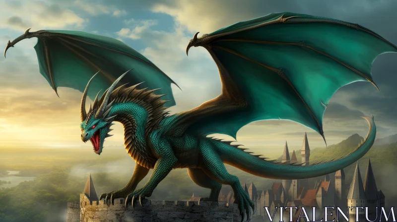 Green Dragon on Castle Wall - Fantasy Digital Art AI Image