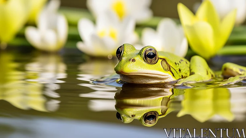 Green Frog in Pond: Close-up Nature Image AI Image