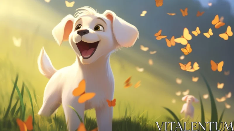 Happy Puppy Playing in Field of Flowers and Butterflies AI Image