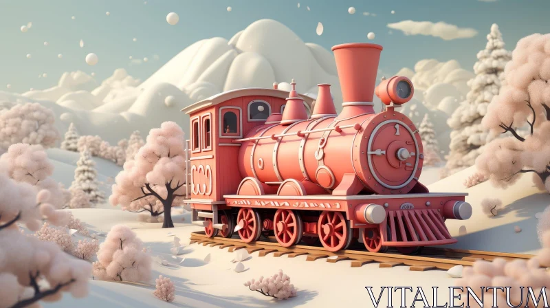 Pink Steam Train in Snowy Forest 3D Rendering AI Image