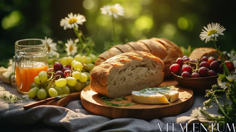 AI ART Rustic Bread and Cheese Setup with Grapes and Juice