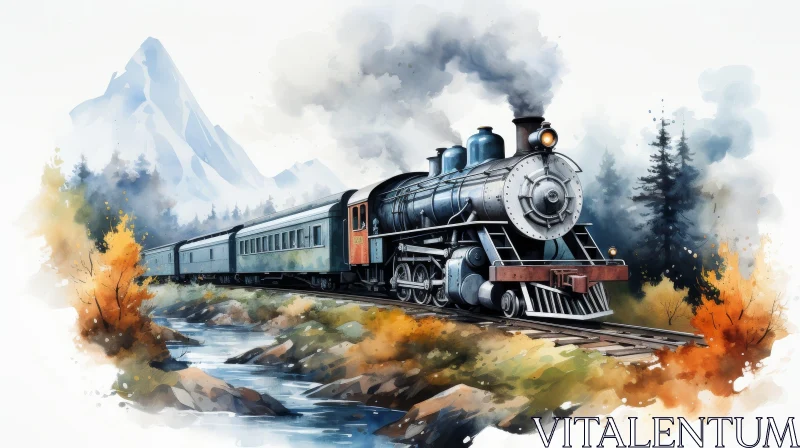 AI ART Scenic Watercolor Painting of a Chugging Steam Train