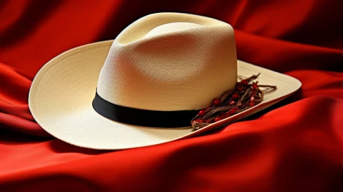 Straw Cowboy Hat with Red Beads on Crimson Cloth