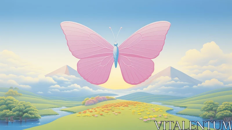 AI ART Tranquil Butterfly Landscape with Flowers and Mountains