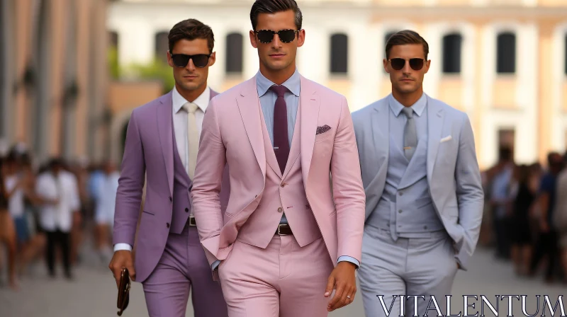 Urban Chic: Stylish Men in Suits Walking Down City Street AI Image