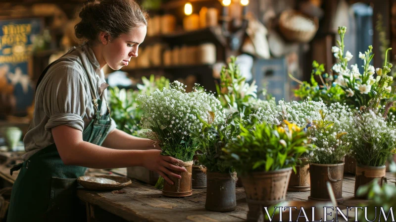 Young Woman Arranging White Flowers in Flower Shop AI Image