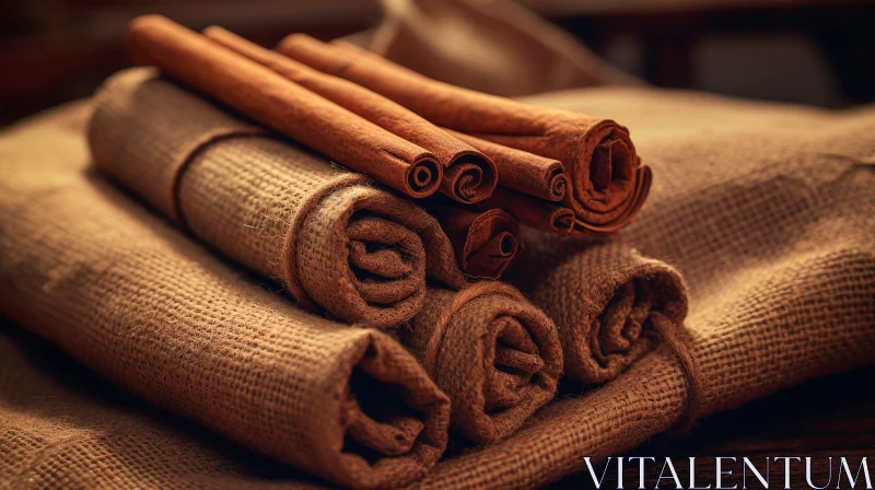 Close-Up Cinnamon Sticks and Burlap Cloth Texture AI Image