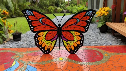 Colorful Butterfly Mosaic Sculpture in Garden