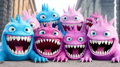 Colorful Cartoon Monsters on City Street