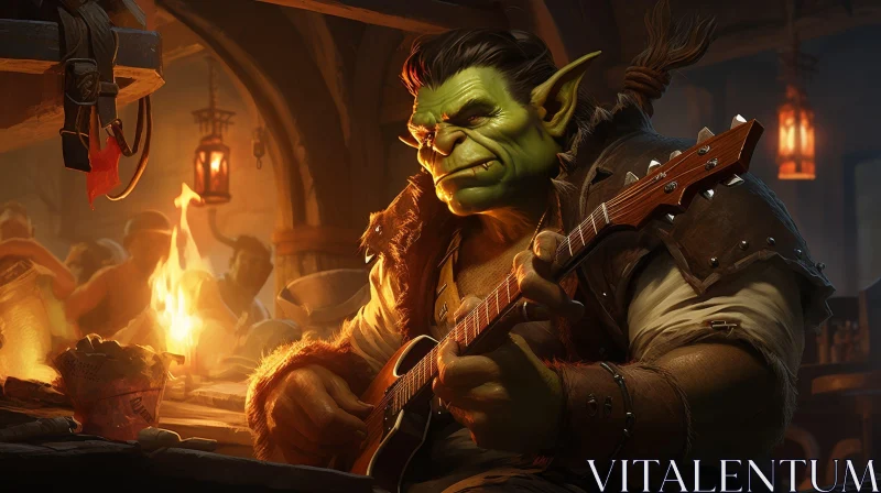 Green Orc Playing Guitar in a Tavern Painting AI Image