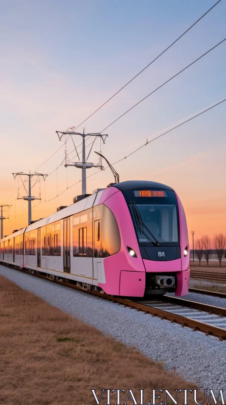 Pink and White Passenger Train in Rural Sunset Landscape AI Image