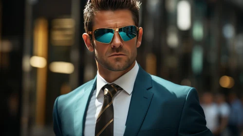 Serious Man in Blue Suit with Sunglasses