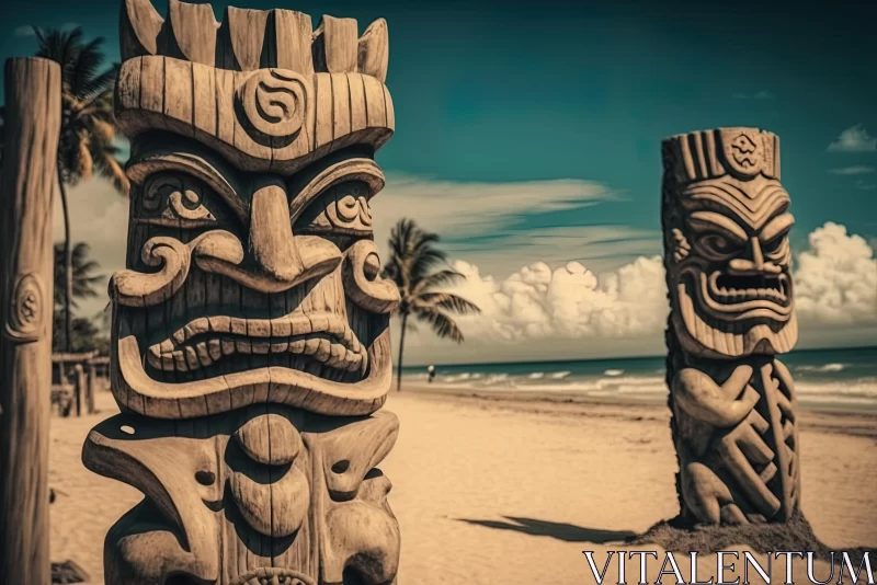 Wooden Tiki Poles on a Scenic Beach | Intricate Carvings and Exaggerated Expressions AI Image