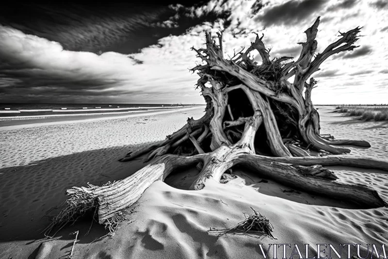Captivating Black and White Photograph of a Weathered Tree on a Beach AI Image