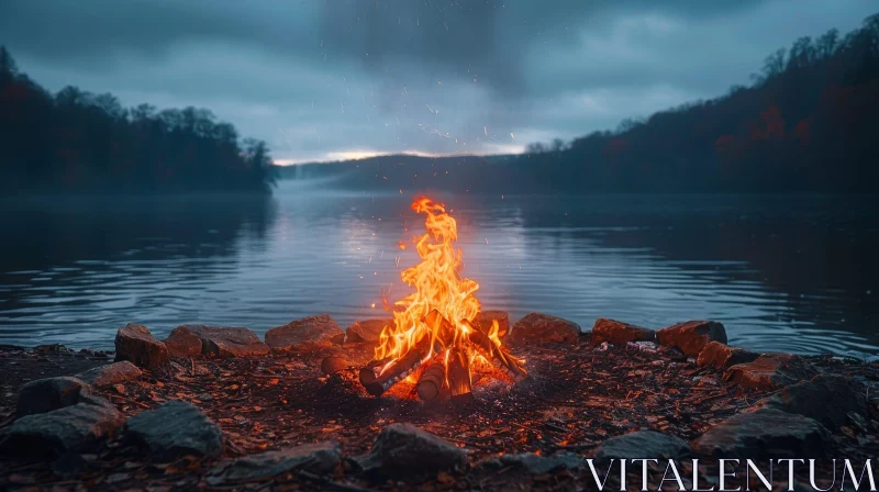 Enchanting Bonfire by the Lake AI Image