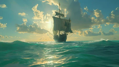 Majestic Tall Ship Sailing in Turbulent Waters