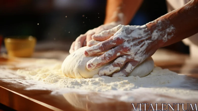 Person Kneading Dough on Wooden Table AI Image