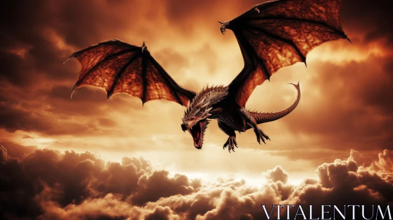 Red Dragon Flying in Stormy Sky - Digital Artwork AI Image