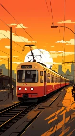 Tram in Cityscape at Sunset - Digital Painting