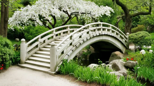 Tranquil Japanese Garden Arched Bridge